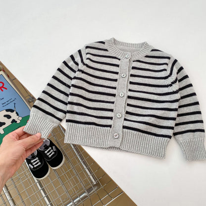 Autumn Striped Pattern Knitted Overalls Combo Cardigan Sets-1