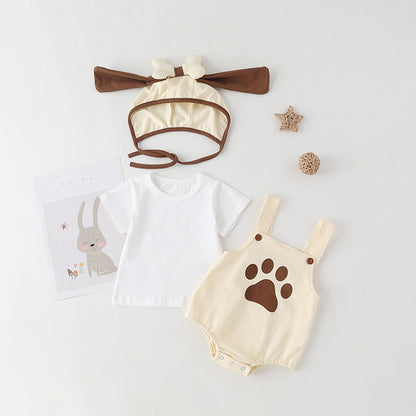 Baby Kids Puppy Print Pattern Short Sleeves With Straps Onesies In Set With Hat Of Puppy Shape-2