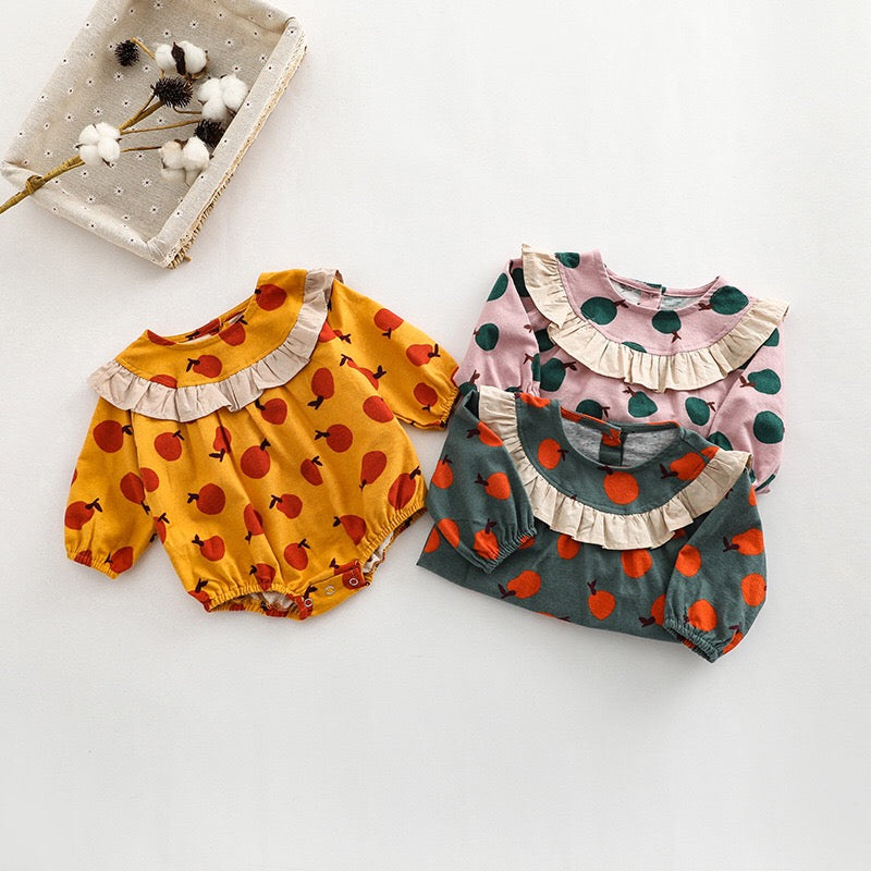 Baby Girl Fruit Orange Pattern Patchwork Design Long Sleeve Onesies-1