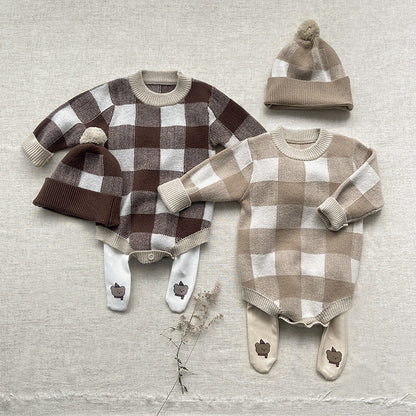 Baby Plaid Graphic Long Sleeve Crewneck Knit Thickened Onesies-1