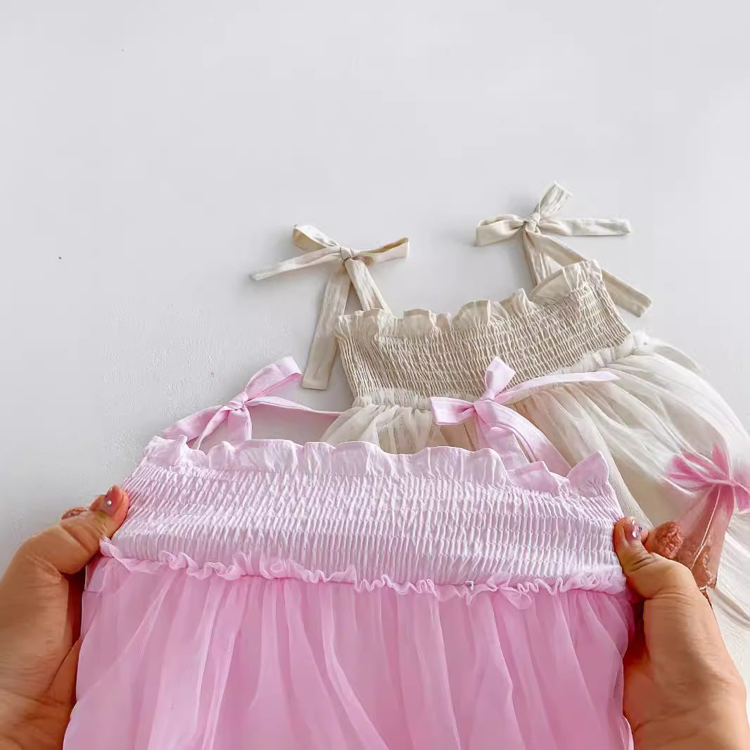 Summer New Arrival Baby Girls Sleeveless Solid Color Pleated Strap Tulle Onesies Dress-1