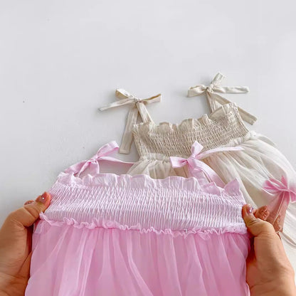 Summer New Arrival Baby Girls Sleeveless Solid Color Pleated Strap Tulle Onesies Dress-1