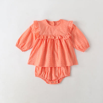 Baby Girl Solid Color Frill Trim Design Long-Sleeve Tops Combo Triangle Shorts Sets-2