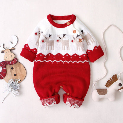 Baby Christmas Giraffe Pattern Shoulder Button Design Sweater Rompers-2