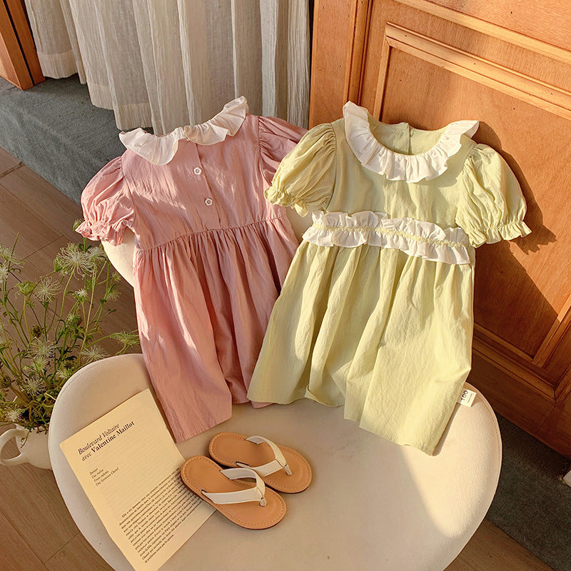 New Arrival Summer Kids Girls Short Sleeves Ruffle Collar Princess Dress-3