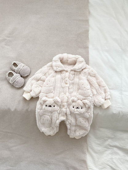 Winter Infant Baby Lovely Teddy Bear Cartoon Pattern Turndown Collar Thermal Pajamas Romper-2