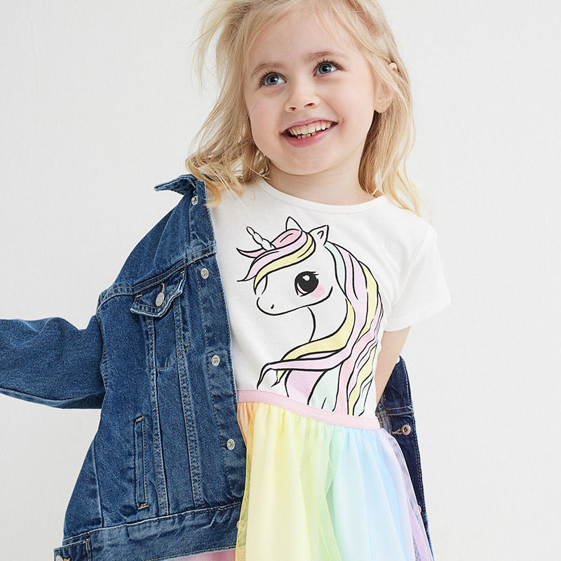 Baby Girls Short Sleeves Unicorn Printing Tulle Dress-1