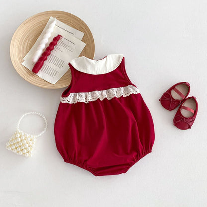 Hot Selling Summer Baby Kids Girls Color Patchwork Sleeveless Red Onesies-1