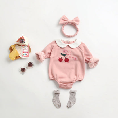 Baby Girl 1pcs Cherry &amp; Slogan Pattern Doll Neck Longsleeve Onesies-2