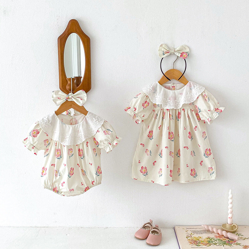 Summer Girls Flowers Pattern Short Sleeves Embroidery Collar Onesies And Dress – Sister Matching Clothing Set-4