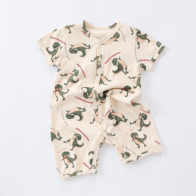 Summer Baby Boys And Girls Cartoon Print Short Sleeves Button Front Romper-2