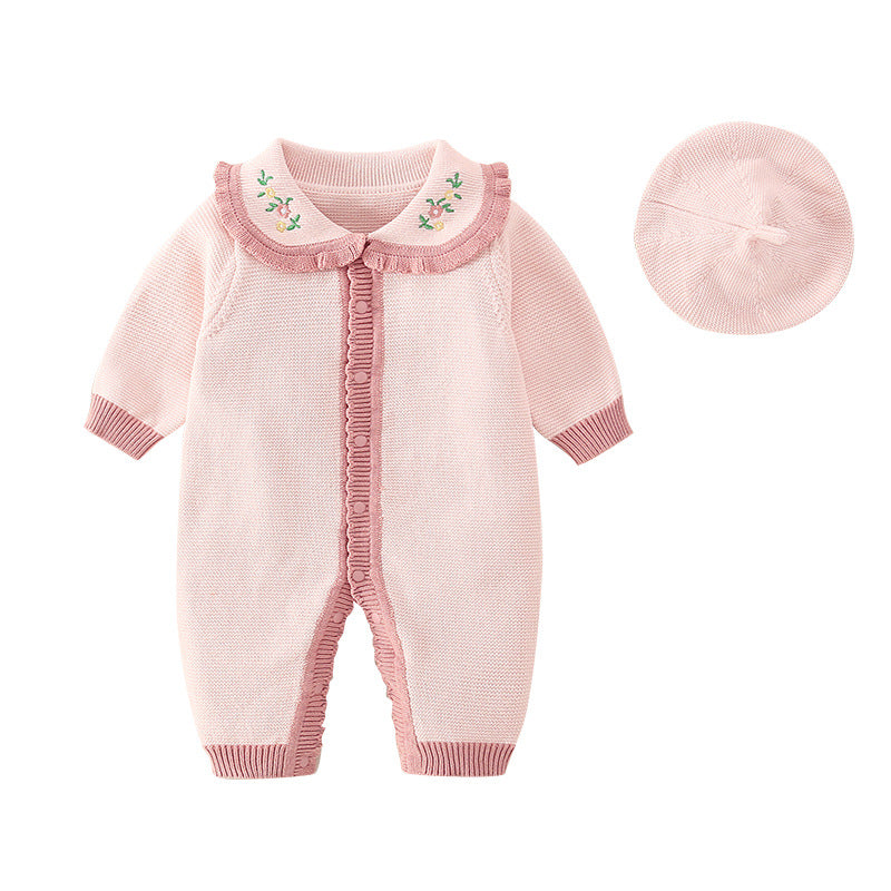 Baby Girl Floral Embroidered Pattern Knitted Romper With Hat-2