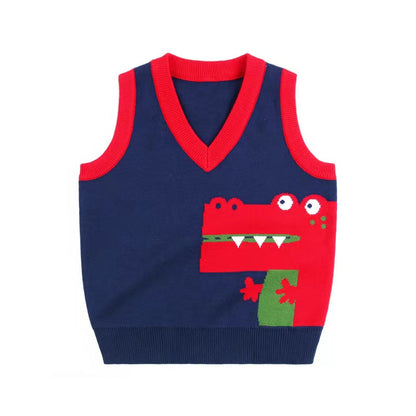 Baby Boy Cartoon Graphic Contrast Design V-Neck Sleeveless Knitted Vest Sweater-1