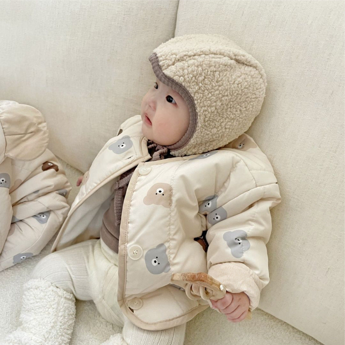 Baby Unisex Little Bear Head Thickened Long Sleeves Cardigan Coat In Winter-1