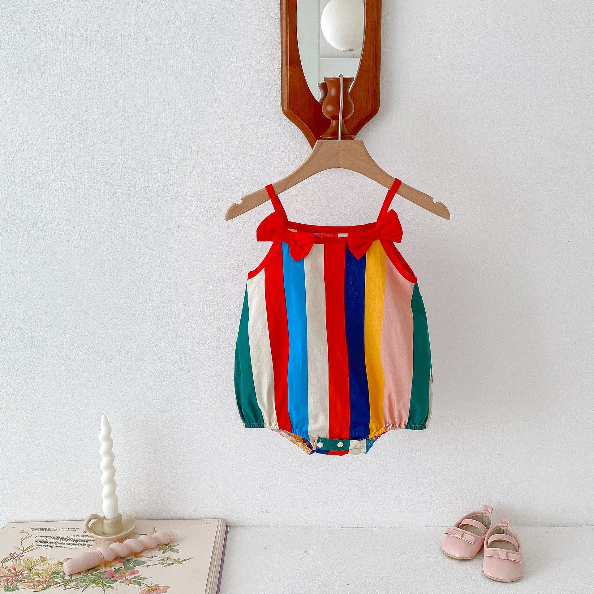 Summer Hot Selling Baby Girls Rainbow Striped Sleeveless Bows Strap Onesies-3