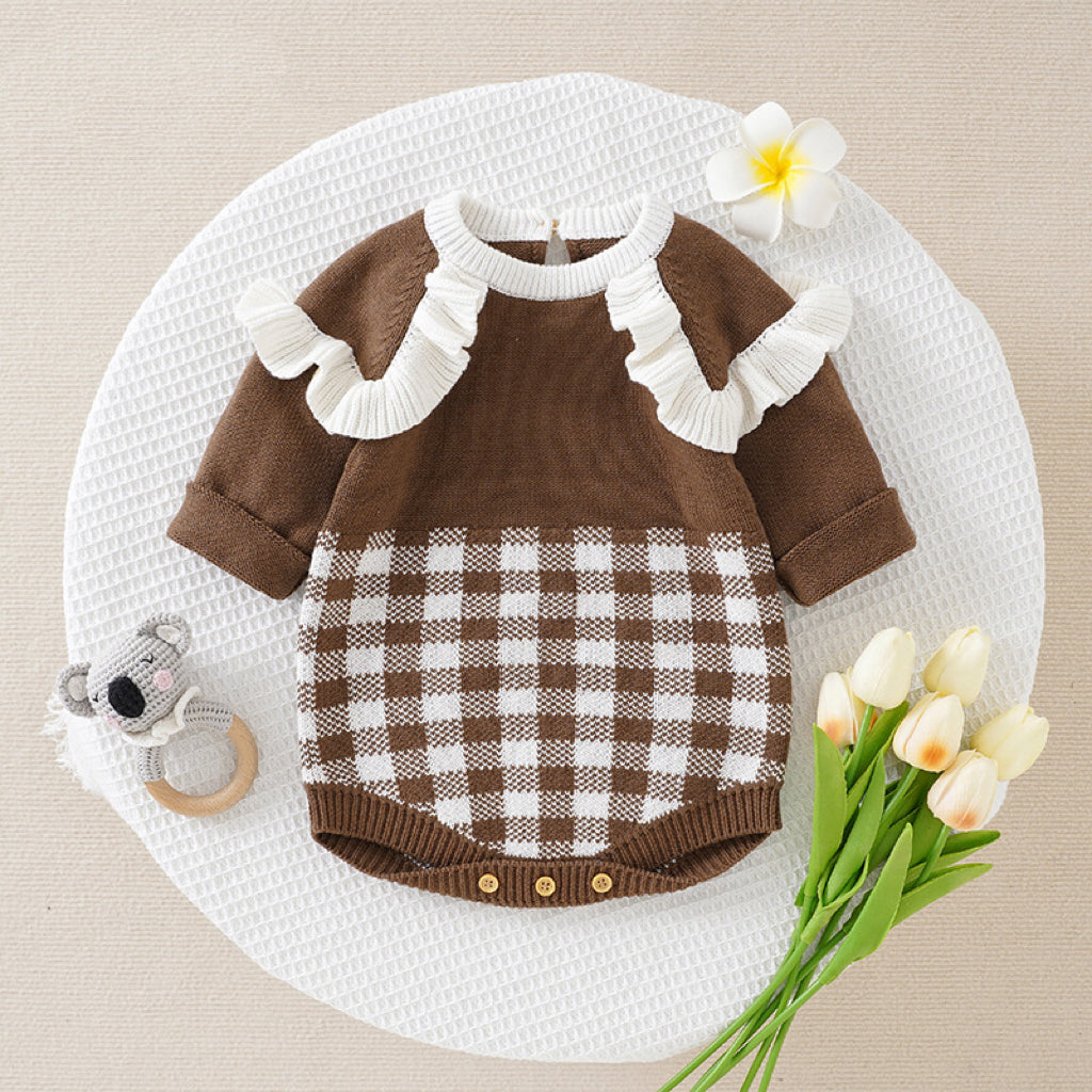 Baby Girl Checkerboard Pattern Lace Design Onesies In Autumn-2