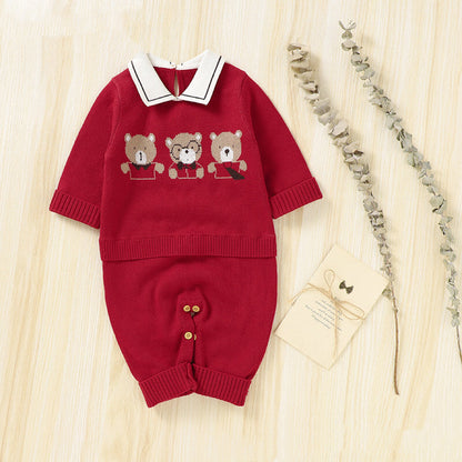 Baby Cartoon Bear Pattern Lapel Design Knitted Romper-2