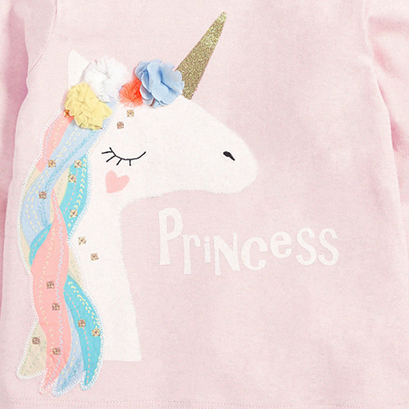 Kids Girls Floral Unicorn Cartoon Pattern Princess Pullover Clothing Sweatshirt-2