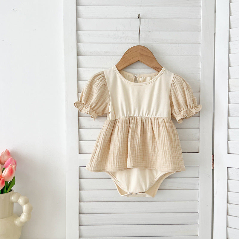 Summer Girls Apricot Patchwork Crew Neck Short Sleeves Onesies And Girls’ Dress – Simple Sister Matching Set-1