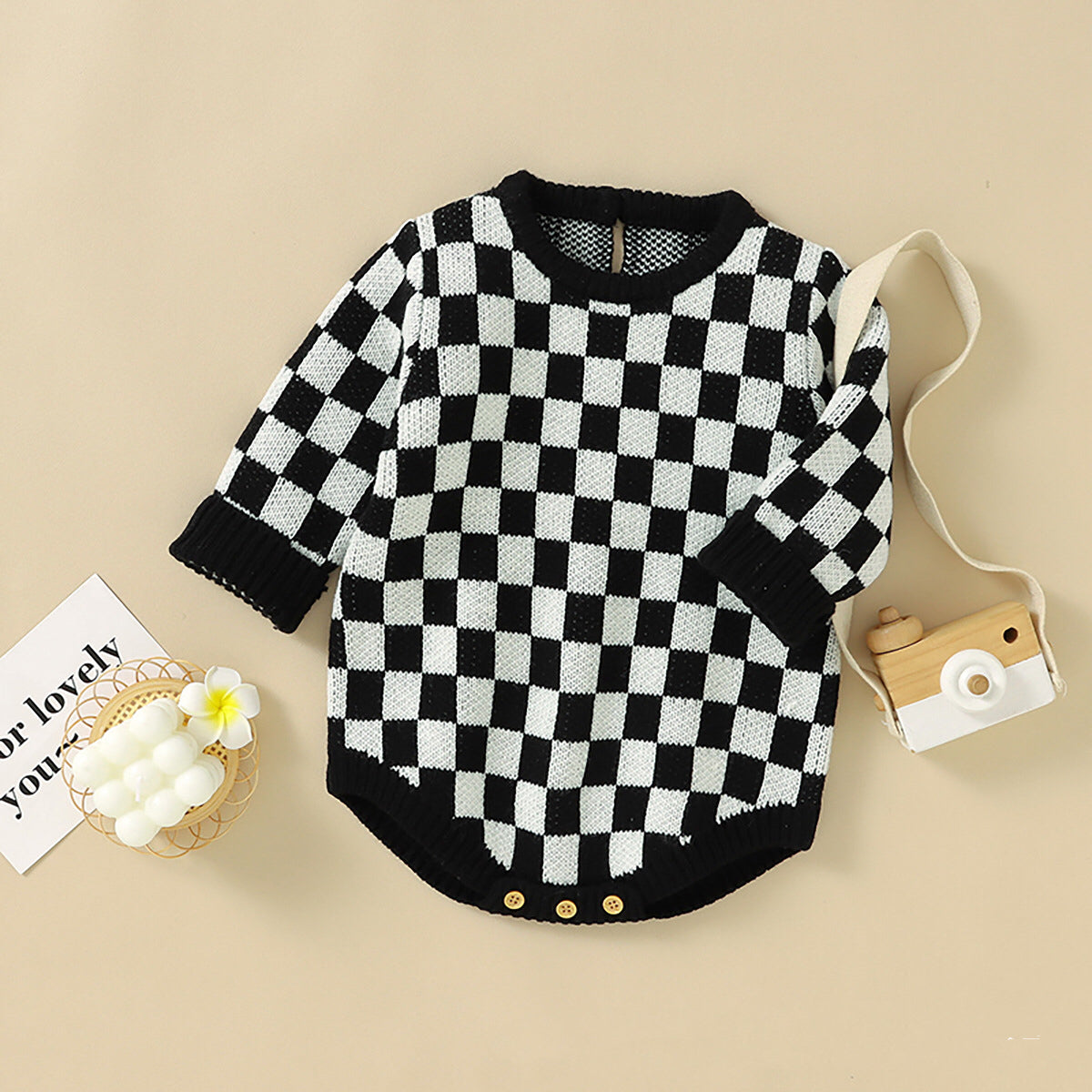 Baby Checkerboard Pattern Quality Knit Onesies-3