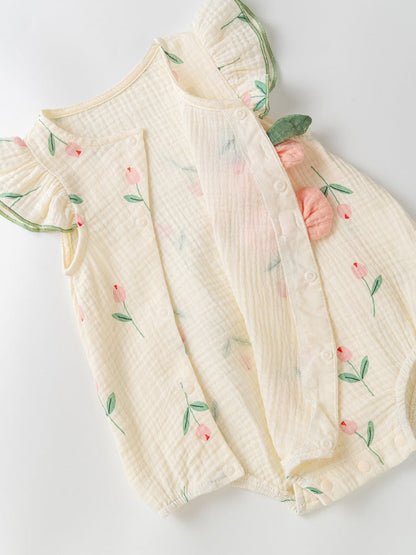 Summer New Design Baby Girls Light Floral Pattern Embroidery Fly Sleeves Crew Neck Sweet Cute Onesies-3
