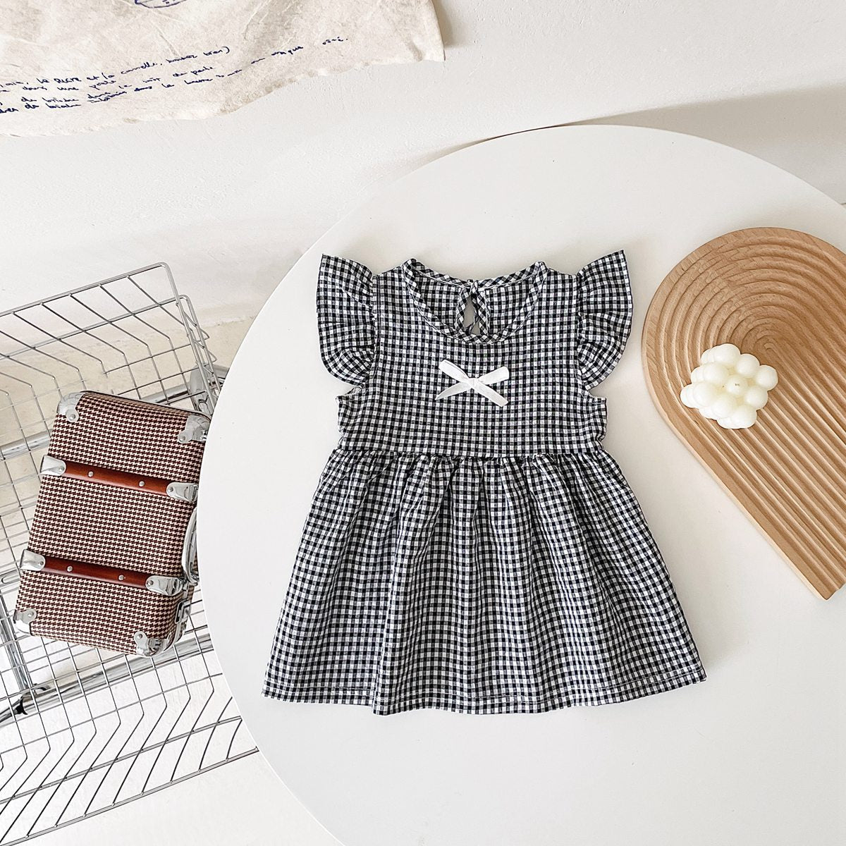 New Arrival Summer Baby Girls Plaid Fly Sleeves Dress With Bow-1