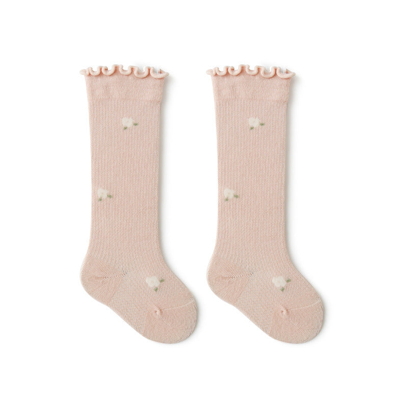 Baby Girl Solid Color Floral Embroidered Pattern Breathable Knee Socks-2