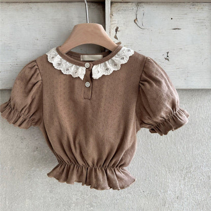 Summer New Design Baby Girl Geometric Pattern Collar Short Puff Sleeves Tops-1
