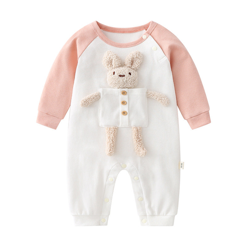 Baby 3D Cartoon Animal Patchwork Design Color Matching Long-Sleeved Rompers-2