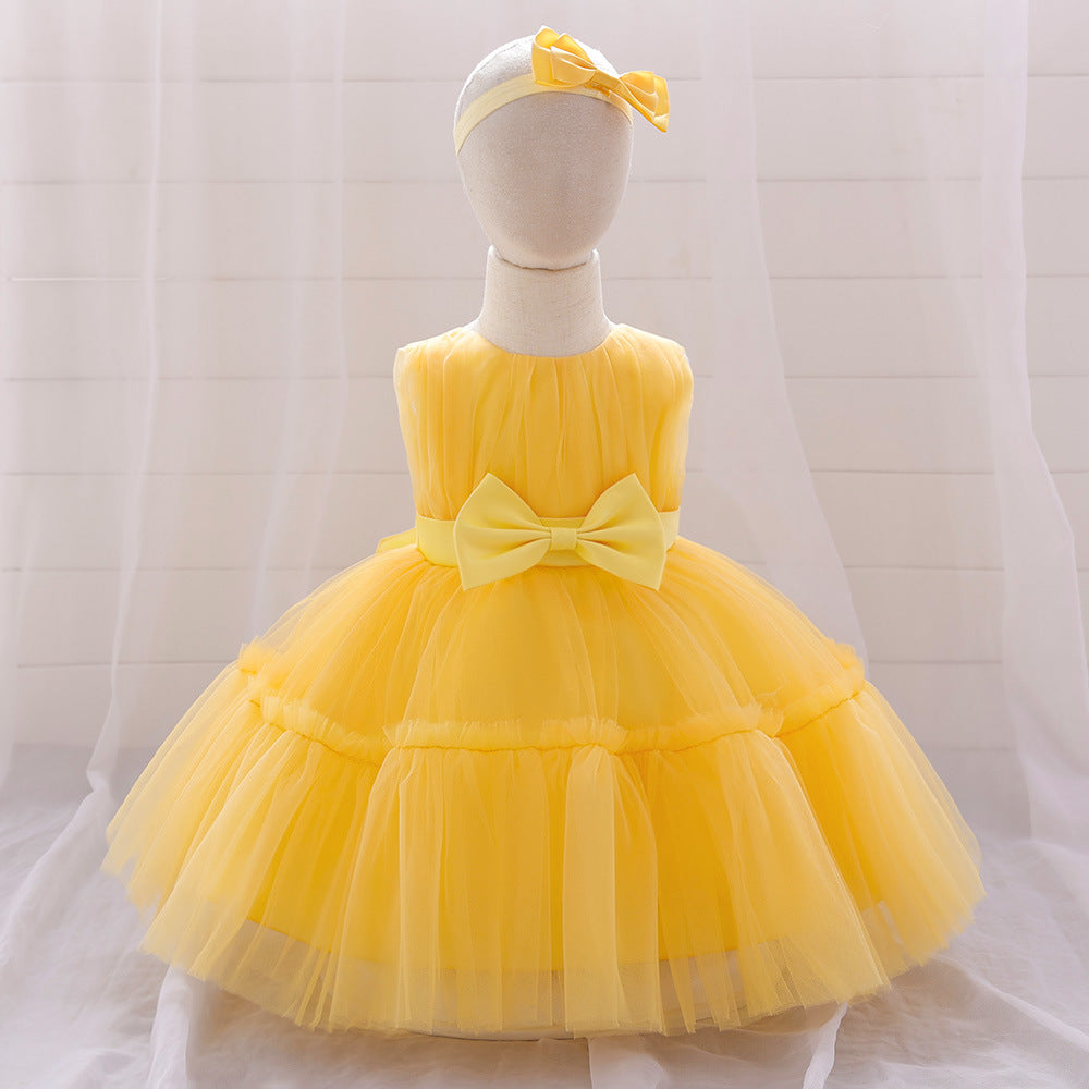 New Arrival Summer Baby Kids Girls Sleeveless Solid Color Ruffle Mesh Bow Tied Dress-1