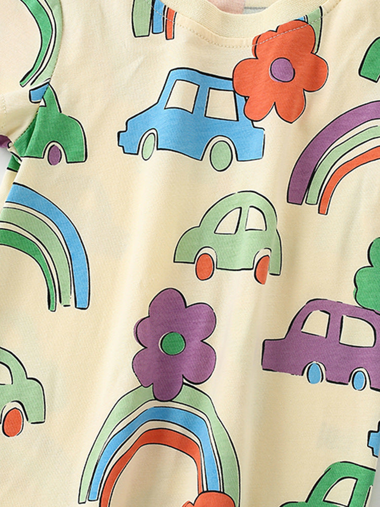 Boys’ Cartoon Rainbow Cars Pattern Short Sleeves T-Shirt In European And American Style For Summer-3