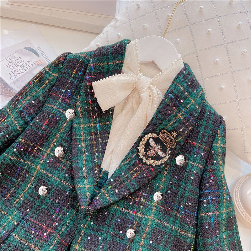 Girls Dark Green Plaid With Dots Open Front Cardigan&amp;Skirt Preppy Suits-2