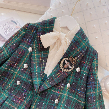 Girls Dark Green Plaid With Dots Open Front Cardigan&amp;Skirt Preppy Suits-2