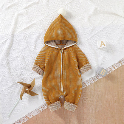 Baby Solid Color Zipper Front Design Hooded Knitted Romper-2