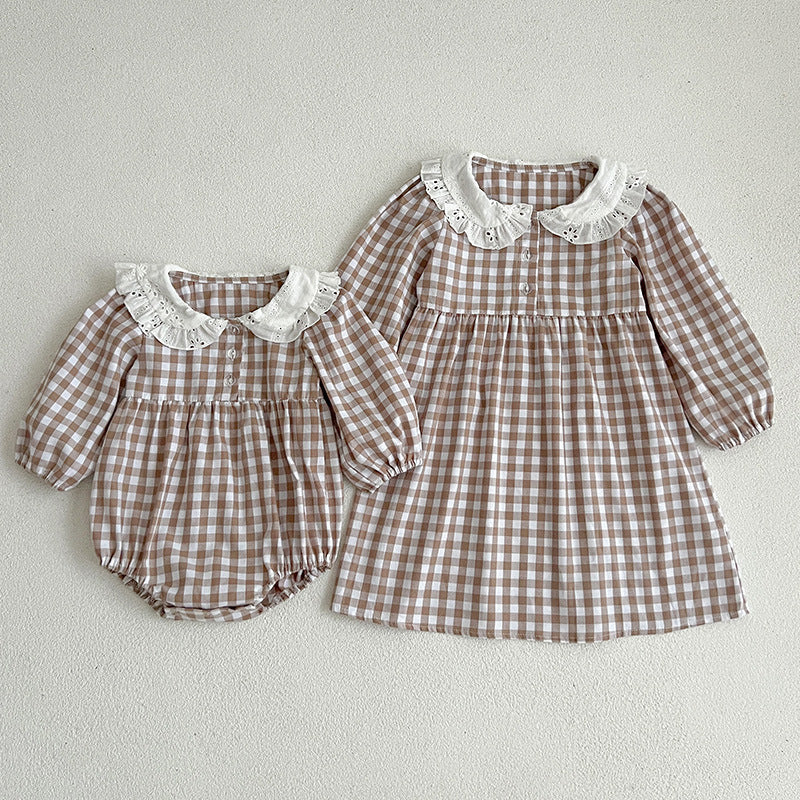 Doll Neck Plaid Pattern Long Sleeve Onesies-1