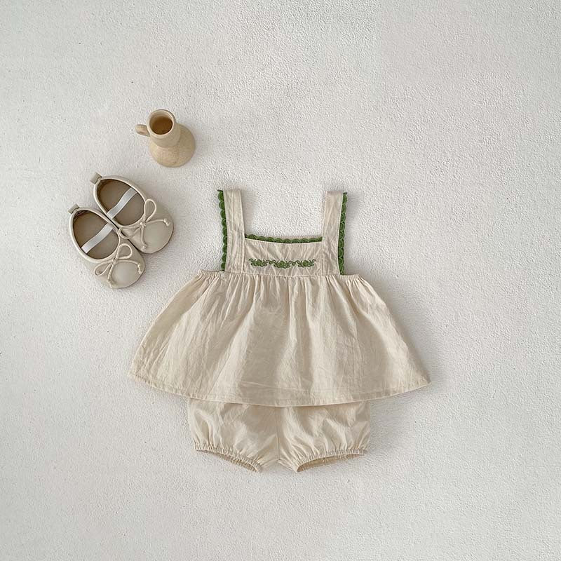 Summer Hot Selling Baby Girls Sleeveless Lace Trim Strap Top Dress And Bloomers Clothing Set-1