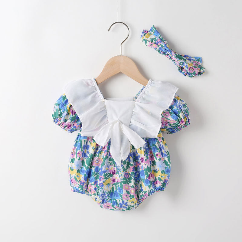 Baby Girl Floral Pattern White Bow Patchwork Square Neck Short Sleeve Onesies-2