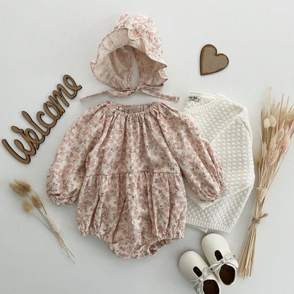 Baby Ditsy Flower Graphic Long Sleeves Flesh Style Cotton Bodysuit With Hat-2