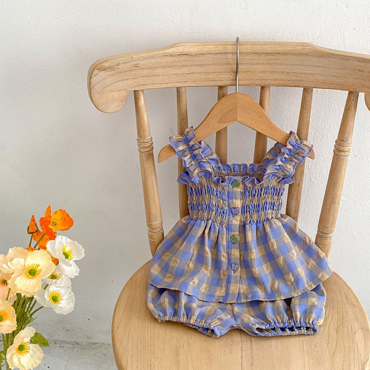 Baby Plaid Pattern Sling Blouses With Shorts Summer Sets-2