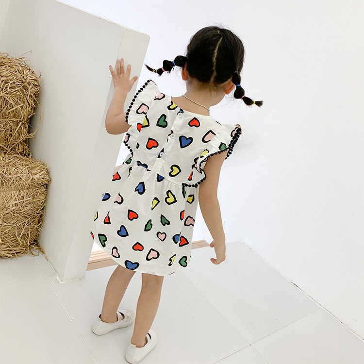 Best Selling Summer Baby Kids Girls Colorful Heart Pattern Fly Sleeves Dress-2