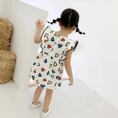 Best Selling Summer Baby Kids Girls Colorful Heart Pattern Fly Sleeves Dress-2