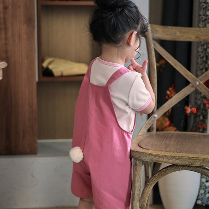 Hot Selling Summer Baby Kids Girls Pink Comfy Cute Rabbit Tail Overalls-2