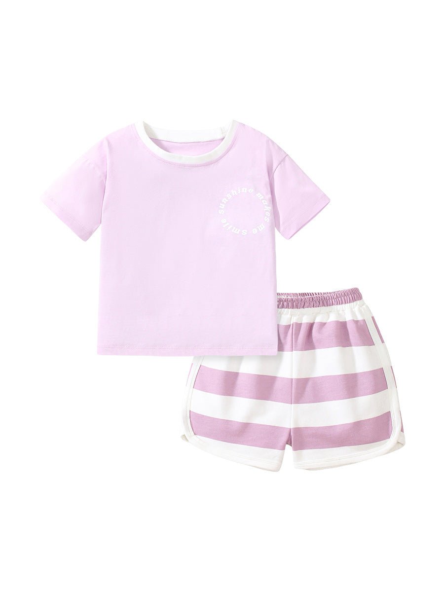 Baby And Kids Girls Purple Short Sleeves Top And Shorts Casual Clothing Set-2