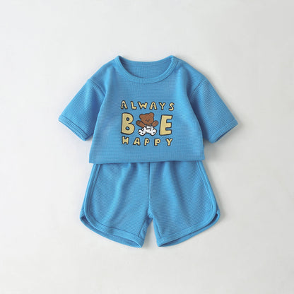 Baby Cartoon Bear &amp; Slogan Pattern Waffle Fabric Tops Combo Solid Shorts 1-Piece Sets-2