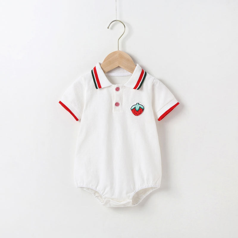 Baby Fruit Pattern Polo Collar Color Blocking Design Short-Sleeved Onesies-2