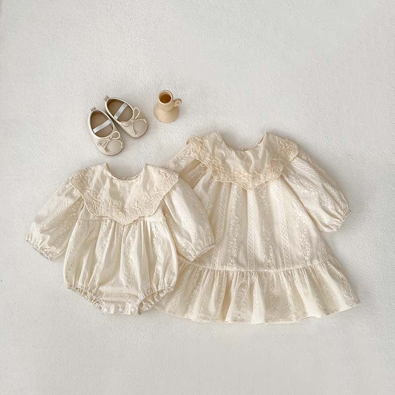 New Arrival Spring Baby Kids Girls Ruffle Collar Long Sleeves Floral Embroidery Onesies And Dress – Princess Sister Matching Set-2