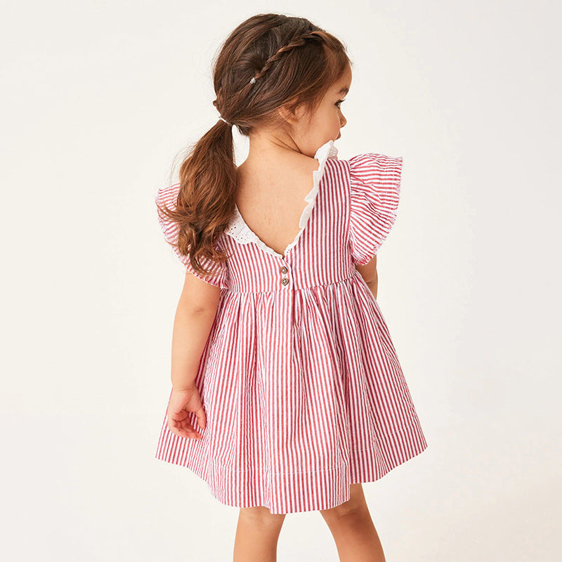 Spring And Summer Baby Girls Ruffle Collar Short Sleeves Striped Dress-2