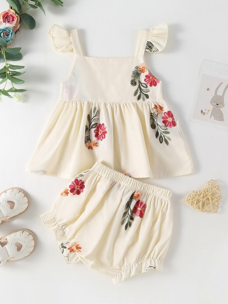 Summer Baby Kids Girls Floral Pattern Sleeveless Strap Top Dress And Bloomers Clothing Set/ Onesies-2