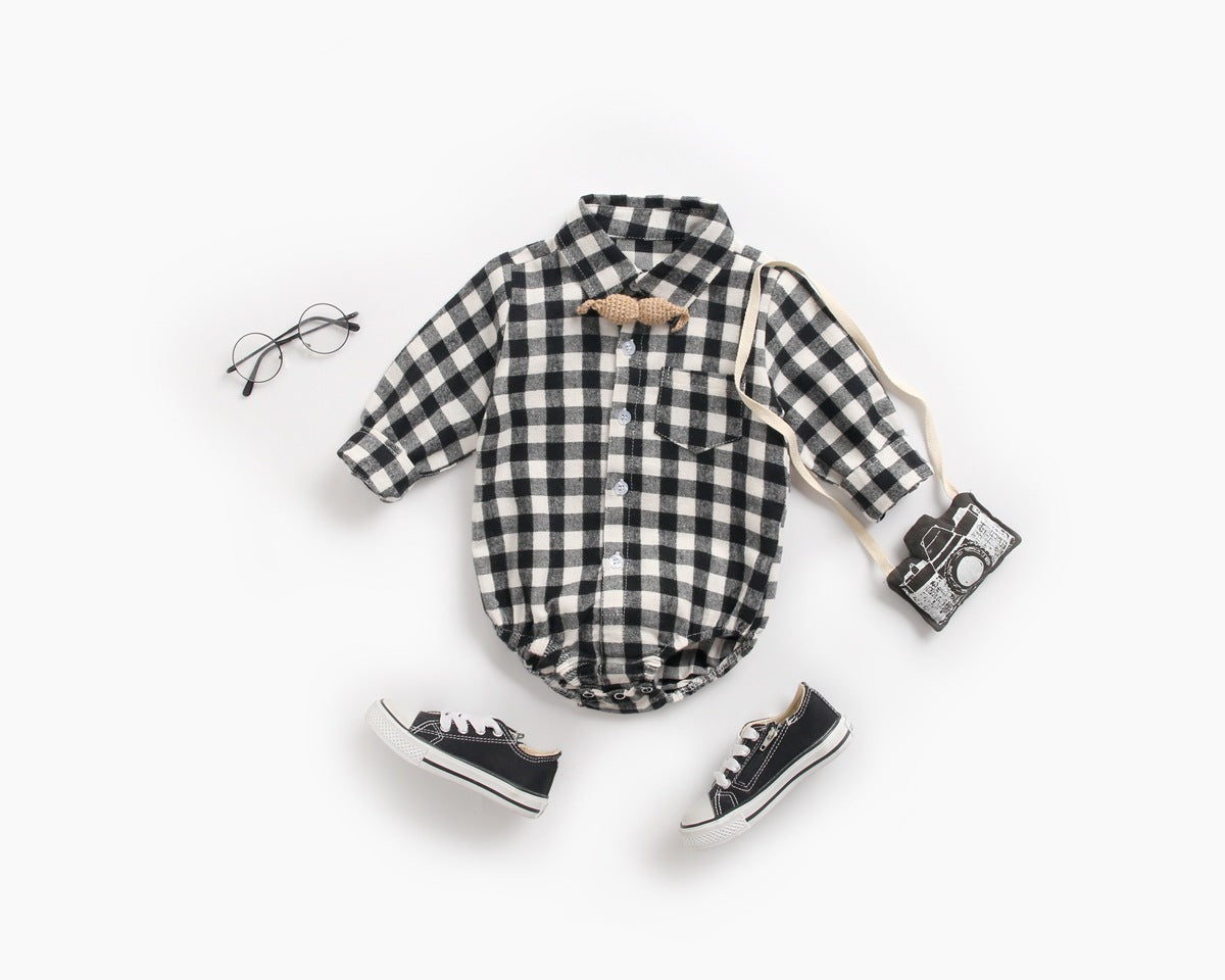 Baby Boy Plaid Pattern Buttoned Shirt With Pockets Long Sleeve Onesies In Autumn-1