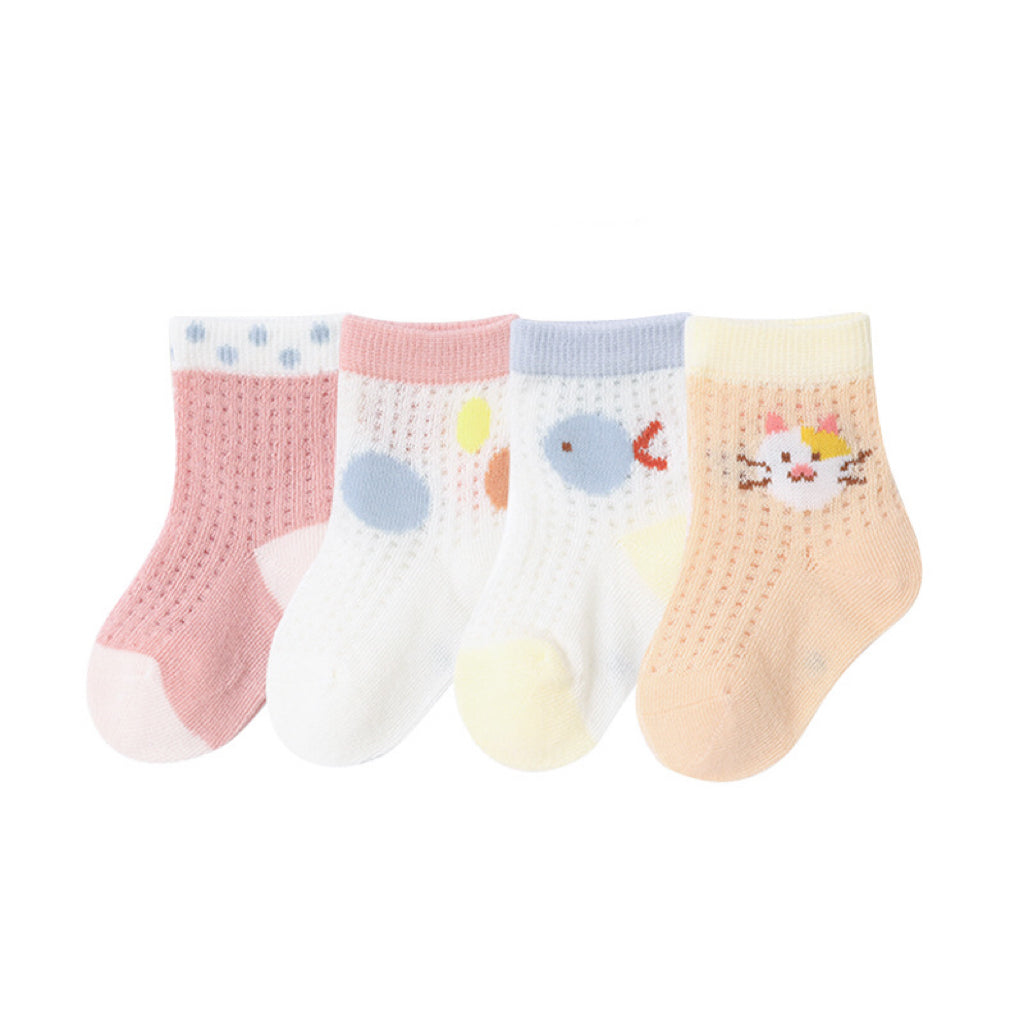 Baby Cartoon Graphic Breathable Mesh 1bag=4pairs Socks-2